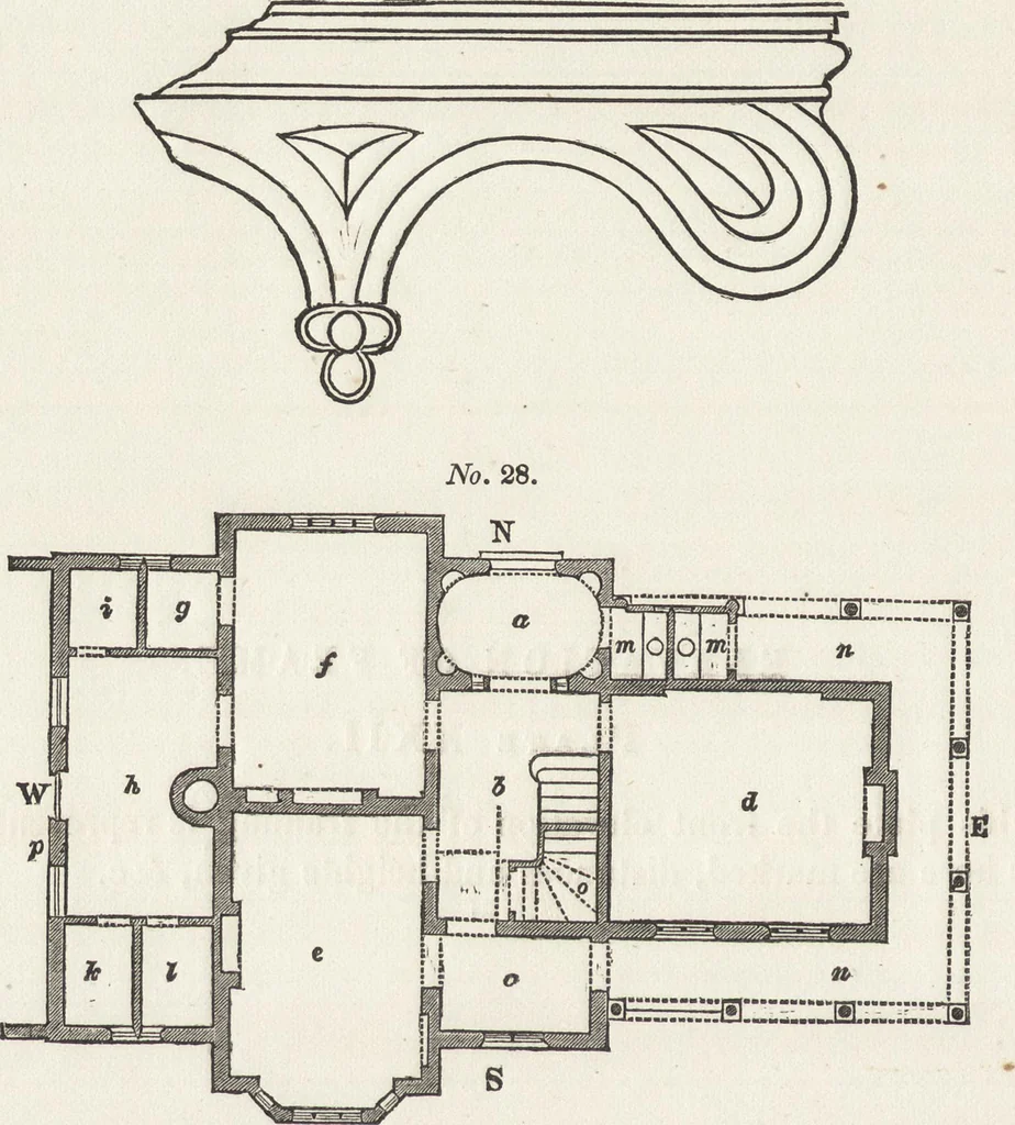 An illustration from The carpenter's assistant : containing a succinct account of Egyptian, Grecian and Roman architecture. Also, a description of the Tuscan, Doric, Ionic, Corinthian and composite orders; together with specifications, practical rules and tables for carpenters, and a glossary of architectural terms. Embellished with upwards of 200 plates of plans, elevations, details, and practical stair-building, 1854, leaf 125