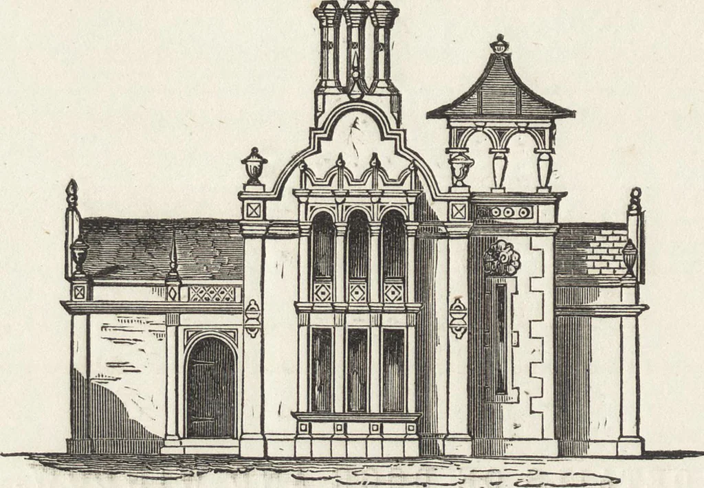 An illustration from The carpenter's assistant : containing a succinct account of Egyptian, Grecian and Roman architecture. Also, a description of the Tuscan, Doric, Ionic, Corinthian and composite orders; together with specifications, practical rules and tables for carpenters, and a glossary of architectural terms. Embellished with upwards of 200 plates of plans, elevations, details, and practical stair-building, 1854, leaf 145