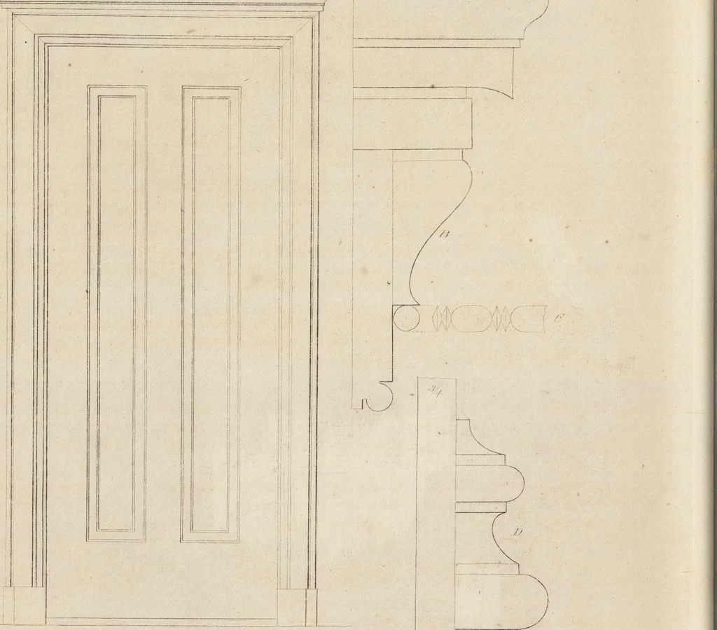 An illustration from The carpenter's assistant : containing a succinct account of Egyptian, Grecian and Roman architecture. Also, a description of the Tuscan, Doric, Ionic, Corinthian and composite orders; together with specifications, practical rules and tables for carpenters, and a glossary of architectural terms. Embellished with upwards of 200 plates of plans, elevations, details, and practical stair-building, 1854, leaf 147