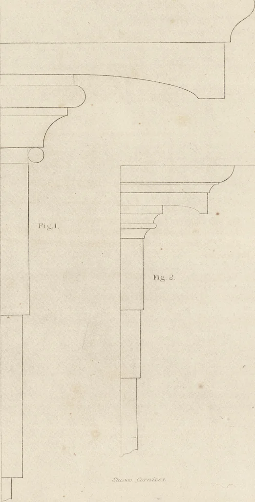 An illustration from The carpenter's assistant : containing a succinct account of Egyptian, Grecian and Roman architecture. Also, a description of the Tuscan, Doric, Ionic, Corinthian and composite orders; together with specifications, practical rules and tables for carpenters, and a glossary of architectural terms. Embellished with upwards of 200 plates of plans, elevations, details, and practical stair-building, 1854, leaf 151