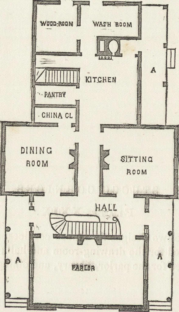 An illustration from The carpenter's assistant : containing a succinct account of Egyptian, Grecian and Roman architecture. Also, a description of the Tuscan, Doric, Ionic, Corinthian and composite orders; together with specifications, practical rules and tables for carpenters, and a glossary of architectural terms. Embellished with upwards of 200 plates of plans, elevations, details, and practical stair-building, 1854, leaf 153
