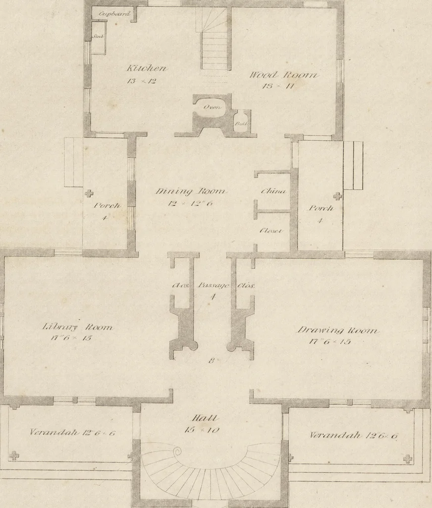 An illustration from The carpenter's assistant : containing a succinct account of Egyptian, Grecian and Roman architecture. Also, a description of the Tuscan, Doric, Ionic, Corinthian and composite orders; together with specifications, practical rules and tables for carpenters, and a glossary of architectural terms. Embellished with upwards of 200 plates of plans, elevations, details, and practical stair-building, 1854, leaf 155