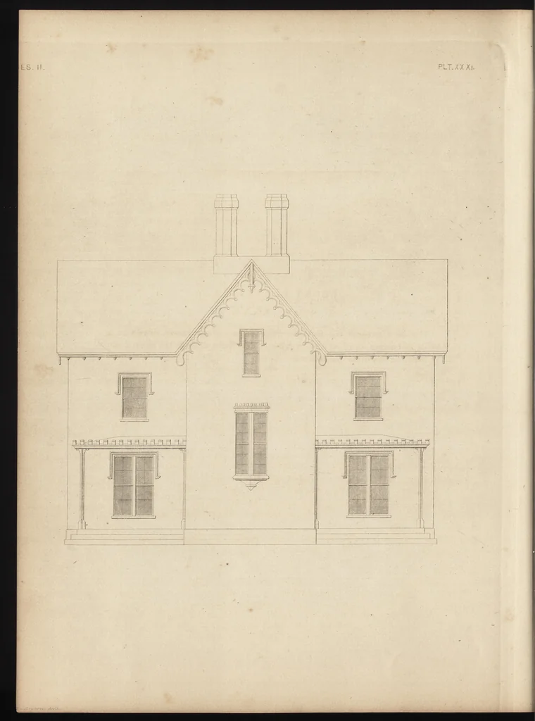 An illustration from The carpenter's assistant : containing a succinct account of Egyptian, Grecian and Roman architecture. Also, a description of the Tuscan, Doric, Ionic, Corinthian and composite orders; together with specifications, practical rules and tables for carpenters, and a glossary of architectural terms. Embellished with upwards of 200 plates of plans, elevations, details, and practical stair-building, 1854, leaf 159