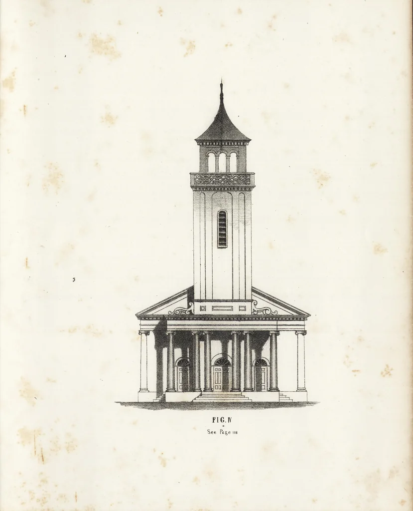An illustration from The carpenter's assistant : containing a succinct account of Egyptian, Grecian and Roman architecture. Also, a description of the Tuscan, Doric, Ionic, Corinthian and composite orders; together with specifications, practical rules and tables for carpenters, and a glossary of architectural terms. Embellished with upwards of 200 plates of plans, elevations, details, and practical stair-building, 1854, leaf 16