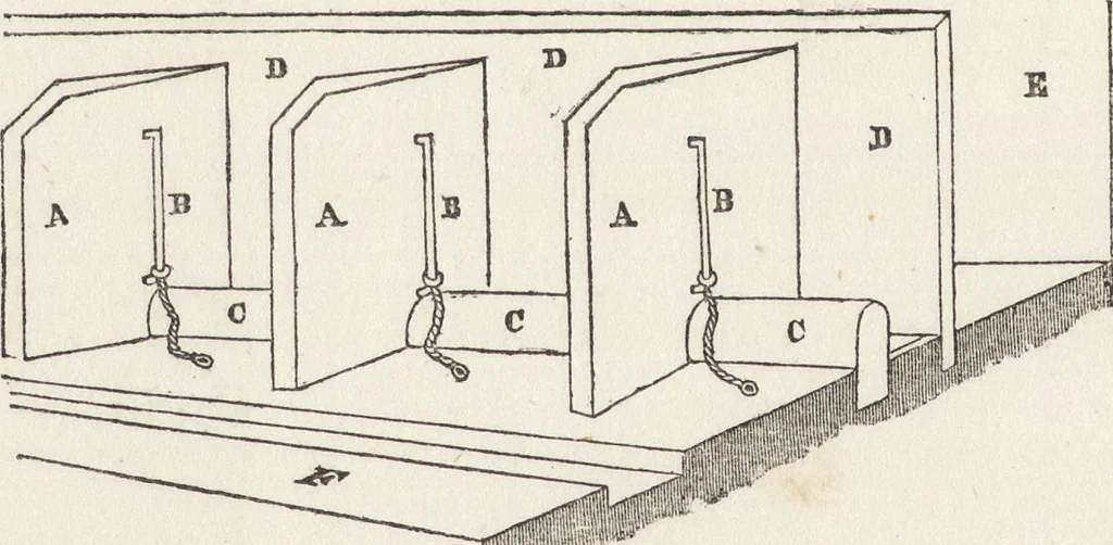 An illustration from The carpenter's assistant : containing a succinct account of Egyptian, Grecian and Roman architecture. Also, a description of the Tuscan, Doric, Ionic, Corinthian and composite orders; together with specifications, practical rules and tables for carpenters, and a glossary of architectural terms. Embellished with upwards of 200 plates of plans, elevations, details, and practical stair-building, 1854, leaf 169