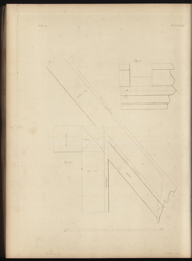 An illustration from The carpenter's assistant : containing a succinct account of Egyptian, Grecian and Roman architecture. Also, a description of the Tuscan, Doric, Ionic, Corinthian and composite orders; together with specifications, practical rules and tables for carpenters, and a glossary of architectural terms. Embellished with upwards of 200 plates of plans, elevations, details, and practical stair-building, 1854, leaf 171