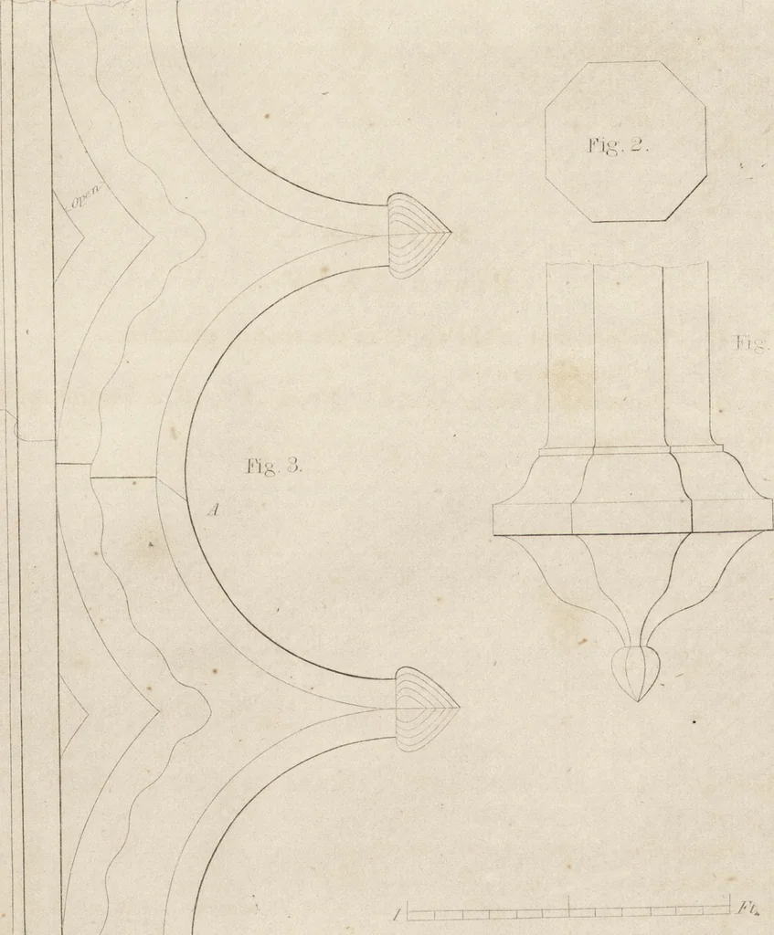 An illustration from The carpenter's assistant : containing a succinct account of Egyptian, Grecian and Roman architecture. Also, a description of the Tuscan, Doric, Ionic, Corinthian and composite orders; together with specifications, practical rules and tables for carpenters, and a glossary of architectural terms. Embellished with upwards of 200 plates of plans, elevations, details, and practical stair-building, 1854, leaf 175