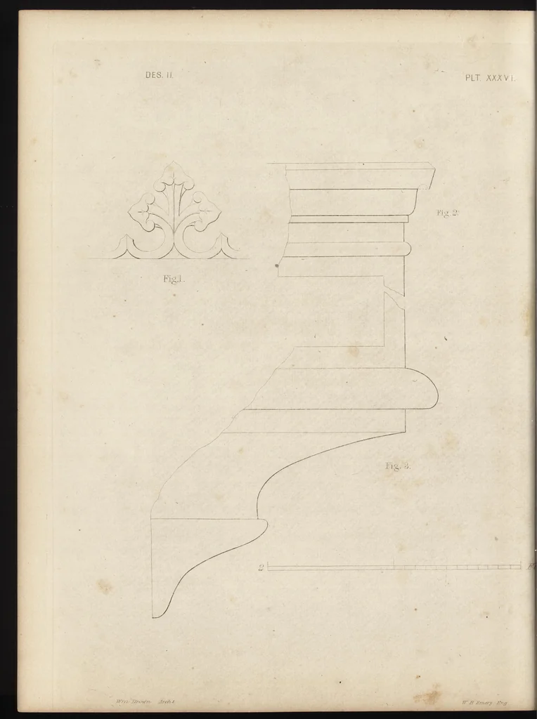An illustration from The carpenter's assistant : containing a succinct account of Egyptian, Grecian and Roman architecture. Also, a description of the Tuscan, Doric, Ionic, Corinthian and composite orders; together with specifications, practical rules and tables for carpenters, and a glossary of architectural terms. Embellished with upwards of 200 plates of plans, elevations, details, and practical stair-building, 1854, leaf 179