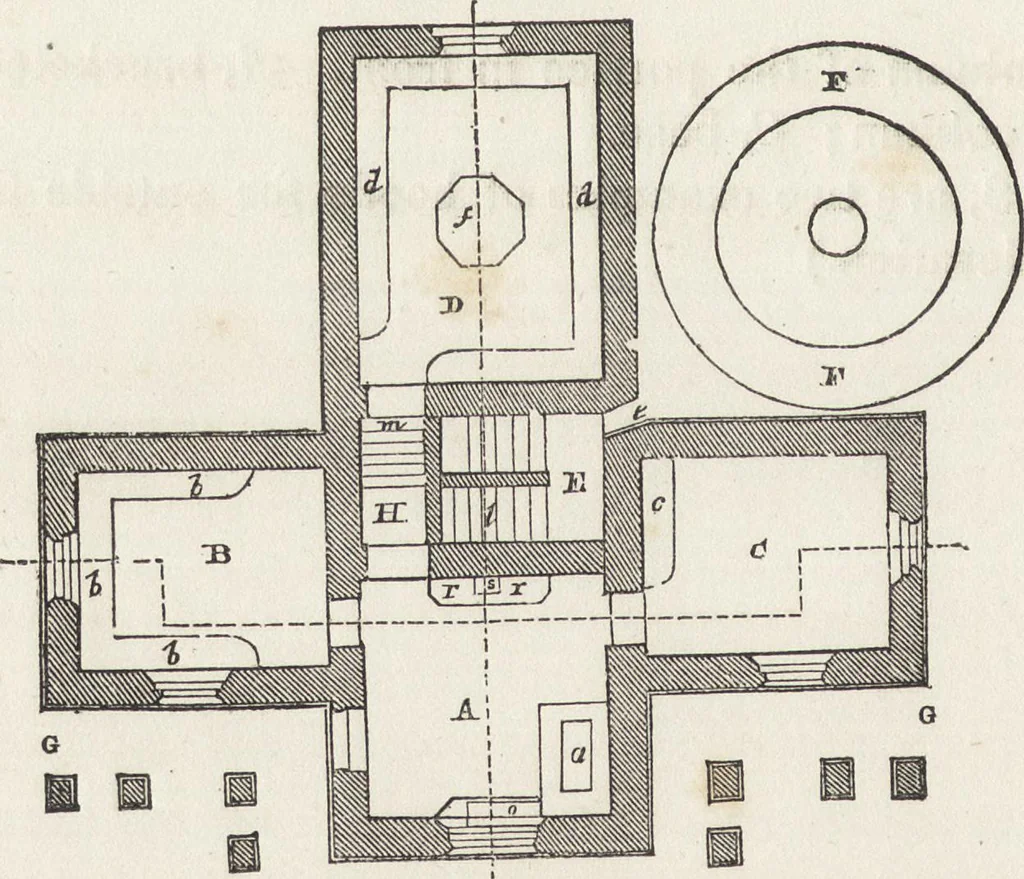 An illustration from The carpenter's assistant : containing a succinct account of Egyptian, Grecian and Roman architecture. Also, a description of the Tuscan, Doric, Ionic, Corinthian and composite orders; together with specifications, practical rules and tables for carpenters, and a glossary of architectural terms. Embellished with upwards of 200 plates of plans, elevations, details, and practical stair-building, 1854, leaf 185