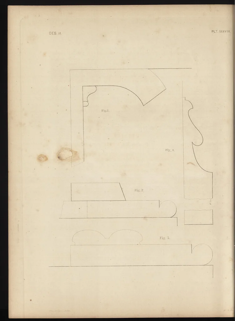 An illustration from The carpenter's assistant : containing a succinct account of Egyptian, Grecian and Roman architecture. Also, a description of the Tuscan, Doric, Ionic, Corinthian and composite orders; together with specifications, practical rules and tables for carpenters, and a glossary of architectural terms. Embellished with upwards of 200 plates of plans, elevations, details, and practical stair-building, 1854, leaf 187