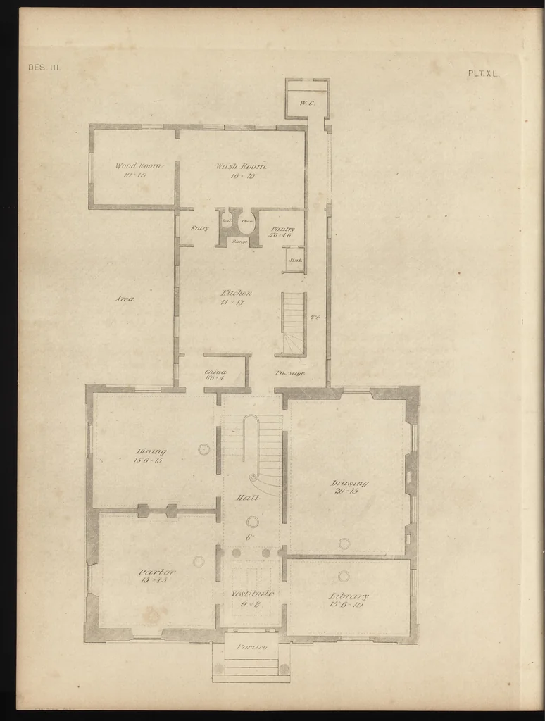 An illustration from The carpenter's assistant : containing a succinct account of Egyptian, Grecian and Roman architecture. Also, a description of the Tuscan, Doric, Ionic, Corinthian and composite orders; together with specifications, practical rules and tables for carpenters, and a glossary of architectural terms. Embellished with upwards of 200 plates of plans, elevations, details, and practical stair-building, 1854, leaf 195