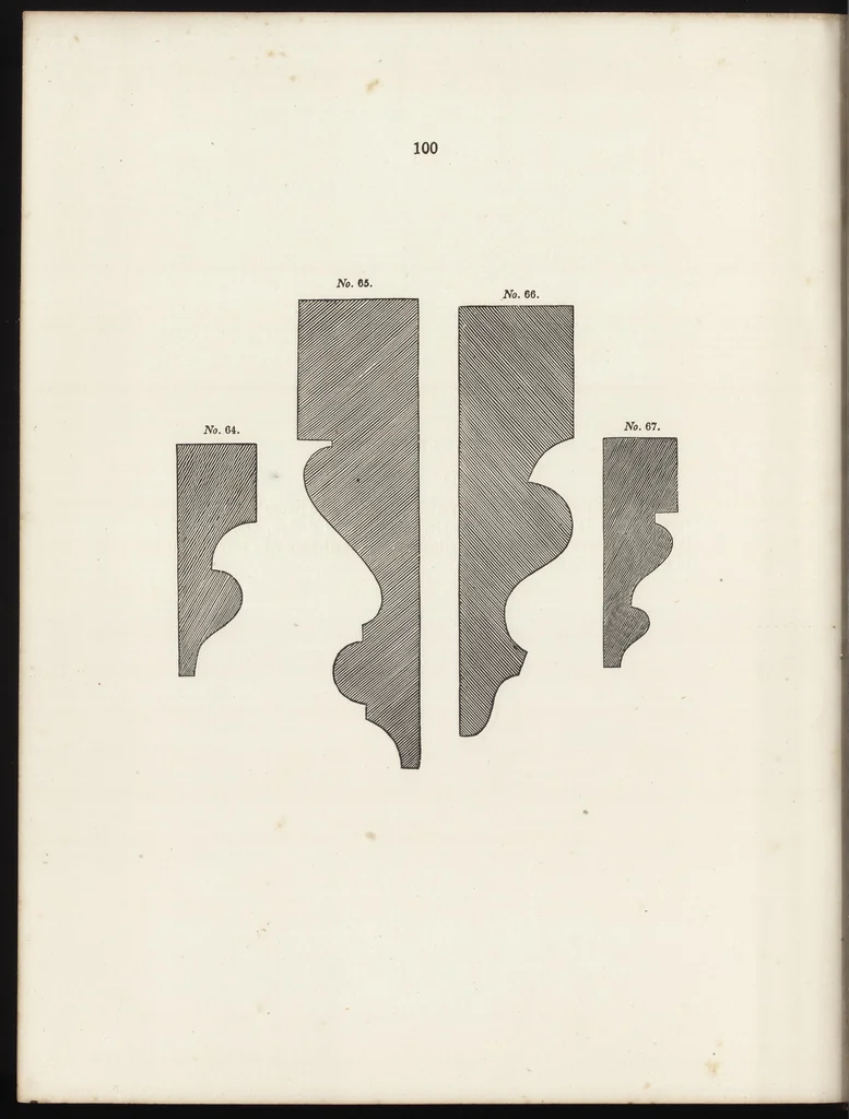An illustration from The carpenter's assistant : containing a succinct account of Egyptian, Grecian and Roman architecture. Also, a description of the Tuscan, Doric, Ionic, Corinthian and composite orders; together with specifications, practical rules and tables for carpenters, and a glossary of architectural terms. Embellished with upwards of 200 plates of plans, elevations, details, and practical stair-building, 1854, leaf 201