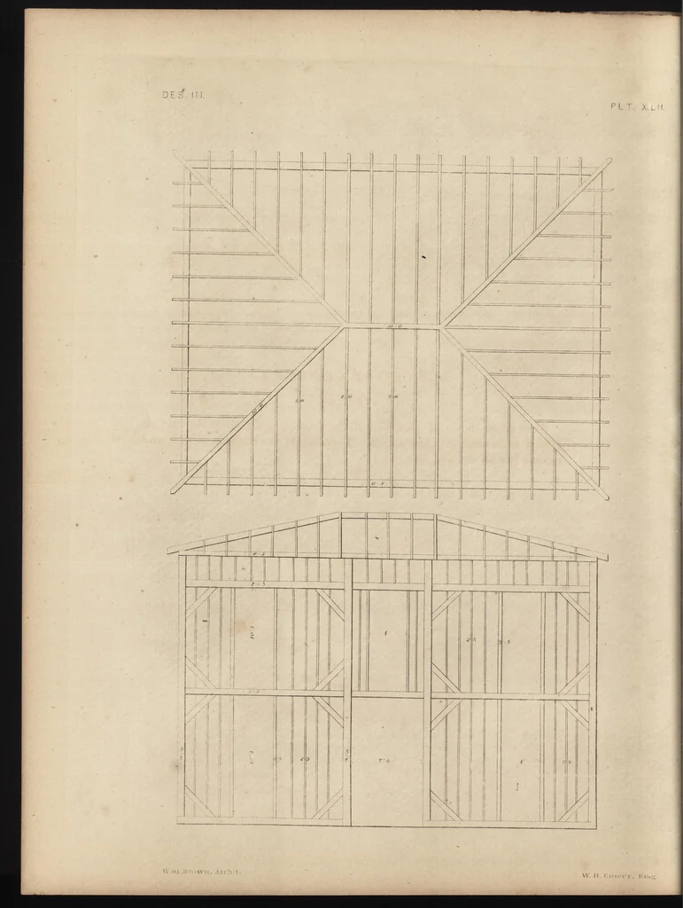 An illustration from The carpenter's assistant : containing a succinct account of Egyptian, Grecian and Roman architecture. Also, a description of the Tuscan, Doric, Ionic, Corinthian and composite orders; together with specifications, practical rules and tables for carpenters, and a glossary of architectural terms. Embellished with upwards of 200 plates of plans, elevations, details, and practical stair-building, 1854, leaf 203