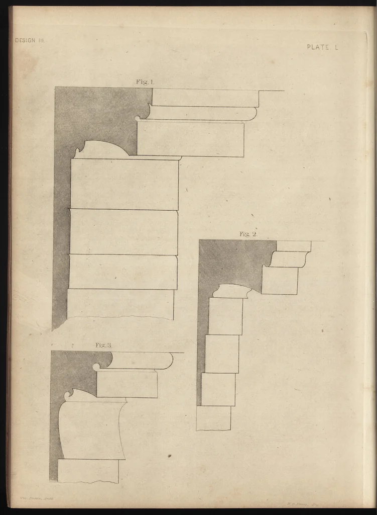 An illustration from The carpenter's assistant : containing a succinct account of Egyptian, Grecian and Roman architecture. Also, a description of the Tuscan, Doric, Ionic, Corinthian and composite orders; together with specifications, practical rules and tables for carpenters, and a glossary of architectural terms. Embellished with upwards of 200 plates of plans, elevations, details, and practical stair-building, 1854, leaf 235