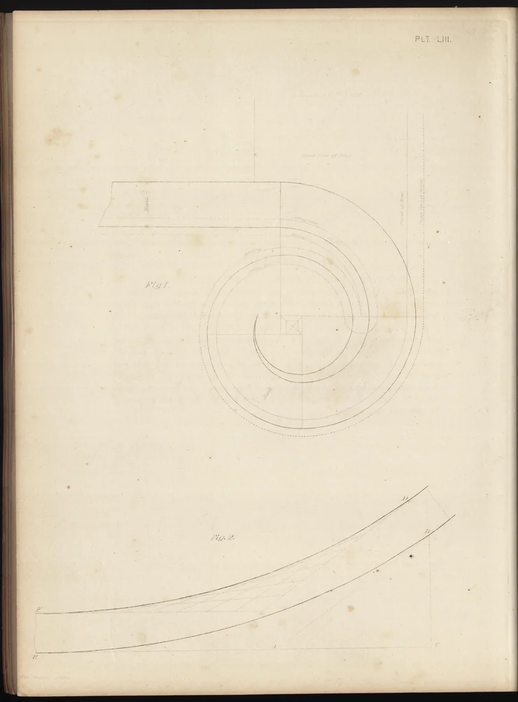 An illustration from The carpenter's assistant : containing a succinct account of Egyptian, Grecian and Roman architecture. Also, a description of the Tuscan, Doric, Ionic, Corinthian and composite orders; together with specifications, practical rules and tables for carpenters, and a glossary of architectural terms. Embellished with upwards of 200 plates of plans, elevations, details, and practical stair-building, 1854, leaf 247