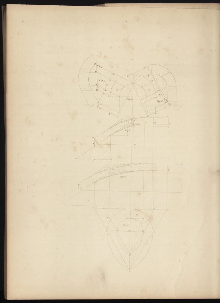 An illustration from The carpenter's assistant : containing a succinct account of Egyptian, Grecian and Roman architecture. Also, a description of the Tuscan, Doric, Ionic, Corinthian and composite orders; together with specifications, practical rules and tables for carpenters, and a glossary of architectural terms. Embellished with upwards of 200 plates of plans, elevations, details, and practical stair-building, 1854, leaf 253