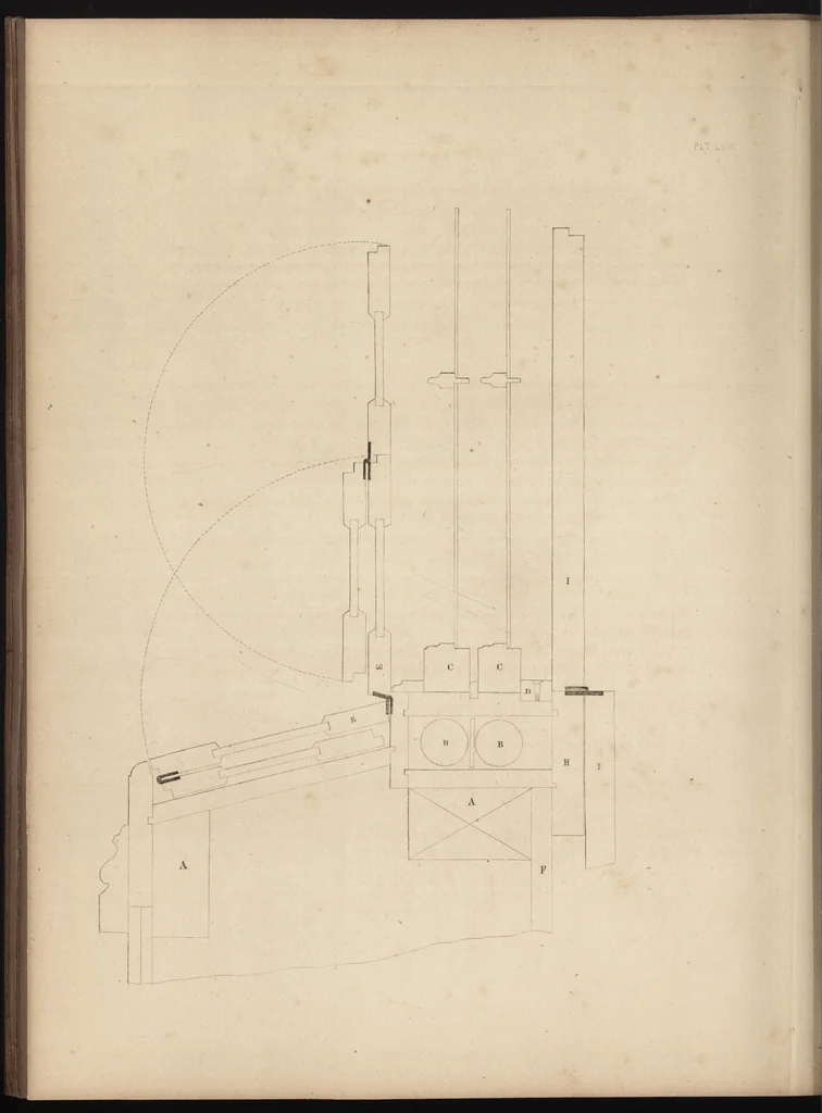 An illustration from The carpenter's assistant : containing a succinct account of Egyptian, Grecian and Roman architecture. Also, a description of the Tuscan, Doric, Ionic, Corinthian and composite orders; together with specifications, practical rules and tables for carpenters, and a glossary of architectural terms. Embellished with upwards of 200 plates of plans, elevations, details, and practical stair-building, 1854, leaf 263