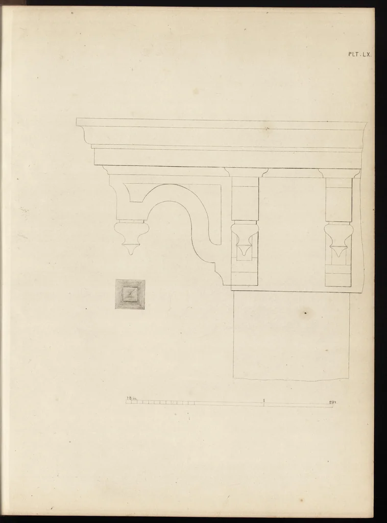 An illustration from The carpenter's assistant : containing a succinct account of Egyptian, Grecian and Roman architecture. Also, a description of the Tuscan, Doric, Ionic, Corinthian and composite orders; together with specifications, practical rules and tables for carpenters, and a glossary of architectural terms. Embellished with upwards of 200 plates of plans, elevations, details, and practical stair-building, 1854, leaf 268