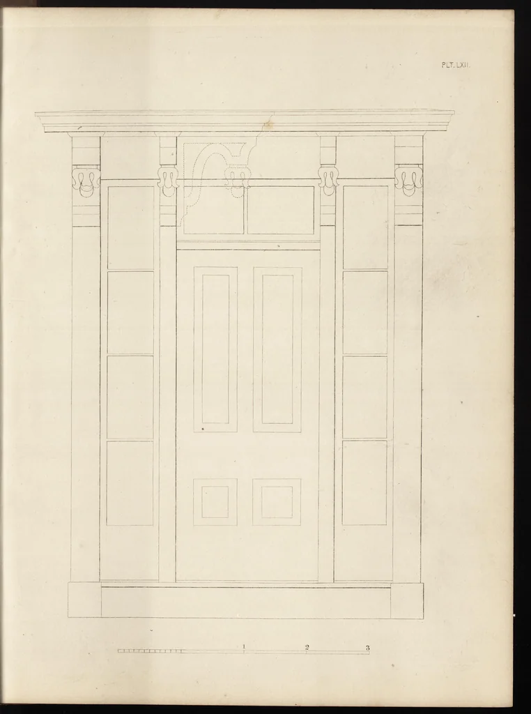 An illustration from The carpenter's assistant : containing a succinct account of Egyptian, Grecian and Roman architecture. Also, a description of the Tuscan, Doric, Ionic, Corinthian and composite orders; together with specifications, practical rules and tables for carpenters, and a glossary of architectural terms. Embellished with upwards of 200 plates of plans, elevations, details, and practical stair-building, 1854, leaf 272