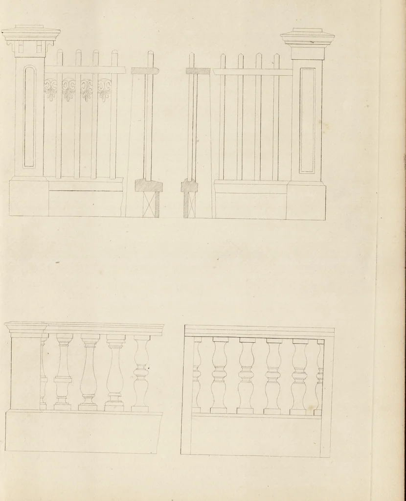 An illustration from The carpenter's assistant : containing a succinct account of Egyptian, Grecian and Roman architecture. Also, a description of the Tuscan, Doric, Ionic, Corinthian and composite orders; together with specifications, practical rules and tables for carpenters, and a glossary of architectural terms. Embellished with upwards of 200 plates of plans, elevations, details, and practical stair-building, 1854, leaf 284