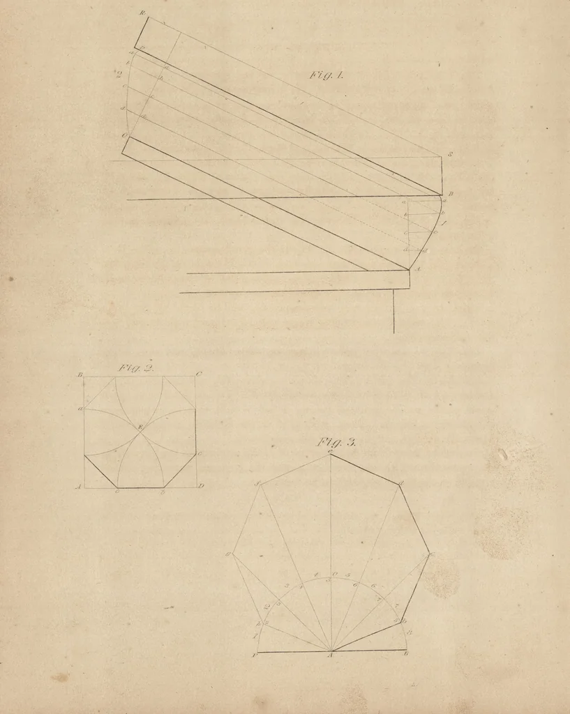 An illustration from The carpenter's assistant : containing a succinct account of Egyptian, Grecian and Roman architecture. Also, a description of the Tuscan, Doric, Ionic, Corinthian and composite orders; together with specifications, practical rules and tables for carpenters, and a glossary of architectural terms. Embellished with upwards of 200 plates of plans, elevations, details, and practical stair-building, 1854, leaf 43