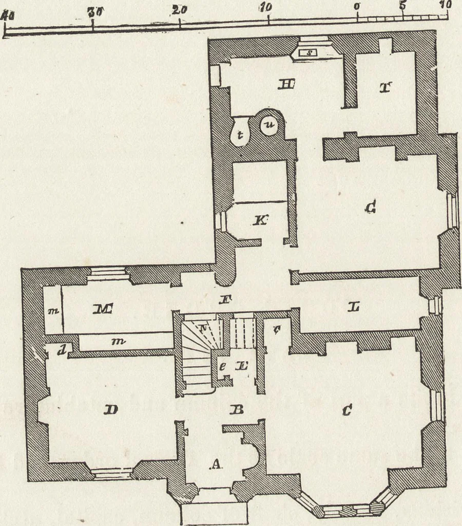 An illustration from The carpenter's assistant : containing a succinct account of Egyptian, Grecian and Roman architecture. Also, a description of the Tuscan, Doric, Ionic, Corinthian and composite orders; together with specifications, practical rules and tables for carpenters, and a glossary of architectural terms. Embellished with upwards of 200 plates of plans, elevations, details, and practical stair-building, 1854, leaf 69