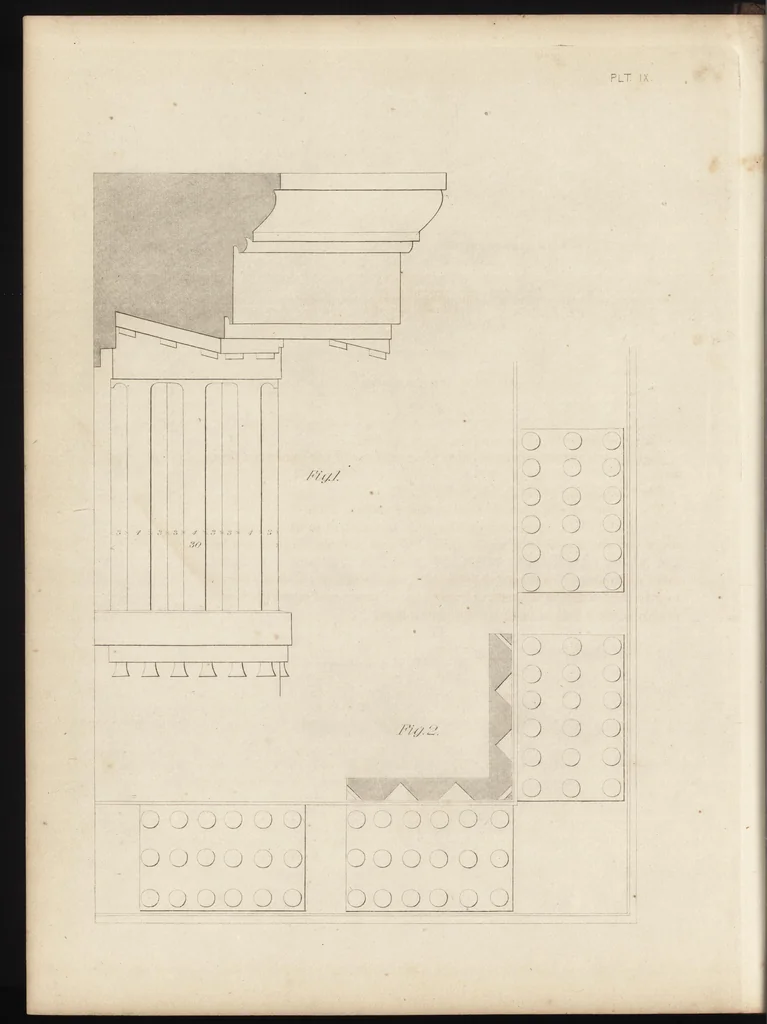 An illustration from The carpenter's assistant : containing a succinct account of Egyptian, Grecian and Roman architecture. Also, a description of the Tuscan, Doric, Ionic, Corinthian and composite orders; together with specifications, practical rules and tables for carpenters, and a glossary of architectural terms. Embellished with upwards of 200 plates of plans, elevations, details, and practical stair-building, 1854, leaf 71