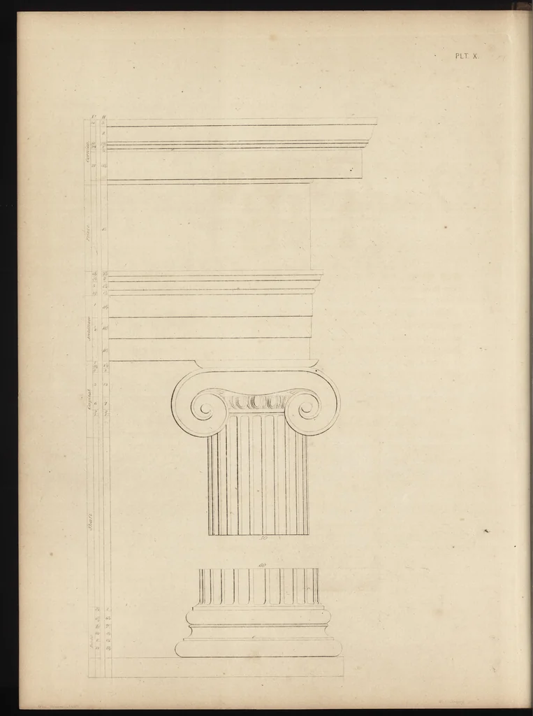 An illustration from The carpenter's assistant : containing a succinct account of Egyptian, Grecian and Roman architecture. Also, a description of the Tuscan, Doric, Ionic, Corinthian and composite orders; together with specifications, practical rules and tables for carpenters, and a glossary of architectural terms. Embellished with upwards of 200 plates of plans, elevations, details, and practical stair-building, 1854, leaf 75