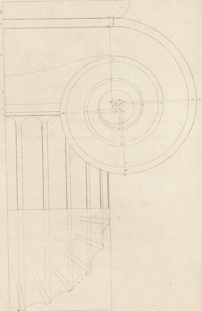 An illustration from The carpenter's assistant : containing a succinct account of Egyptian, Grecian and Roman architecture. Also, a description of the Tuscan, Doric, Ionic, Corinthian and composite orders; together with specifications, practical rules and tables for carpenters, and a glossary of architectural terms. Embellished with upwards of 200 plates of plans, elevations, details, and practical stair-building, 1854, leaf 83