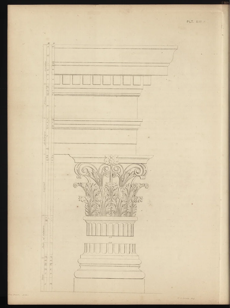 An illustration from The carpenter's assistant : containing a succinct account of Egyptian, Grecian and Roman architecture. Also, a description of the Tuscan, Doric, Ionic, Corinthian and composite orders; together with specifications, practical rules and tables for carpenters, and a glossary of architectural terms. Embellished with upwards of 200 plates of plans, elevations, details, and practical stair-building, 1854, leaf 87