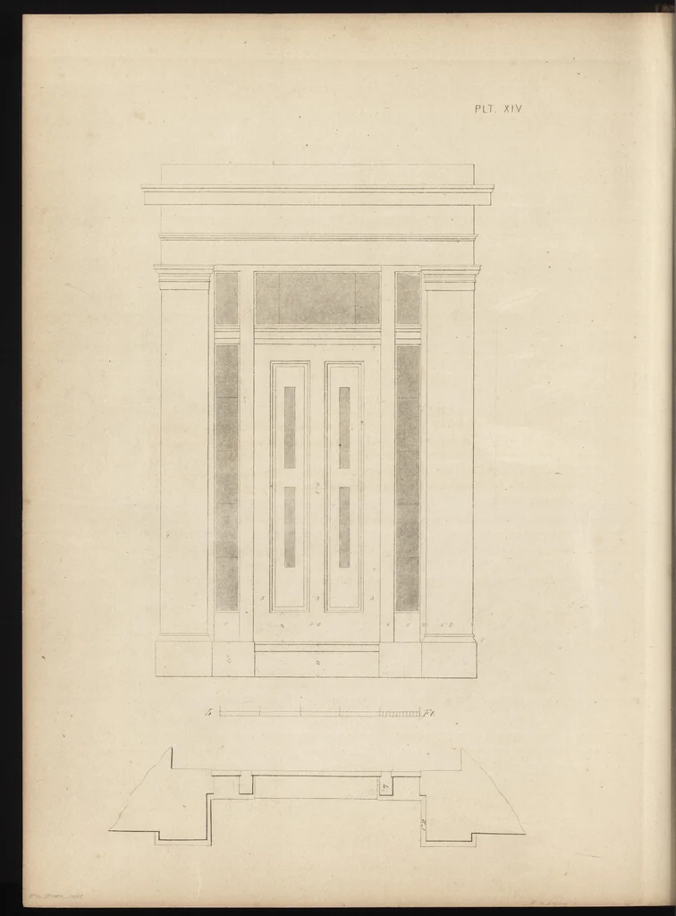 An illustration from The carpenter's assistant : containing a succinct account of Egyptian, Grecian and Roman architecture. Also, a description of the Tuscan, Doric, Ionic, Corinthian and composite orders; together with specifications, practical rules and tables for carpenters, and a glossary of architectural terms. Embellished with upwards of 200 plates of plans, elevations, details, and practical stair-building, 1854, leaf 91