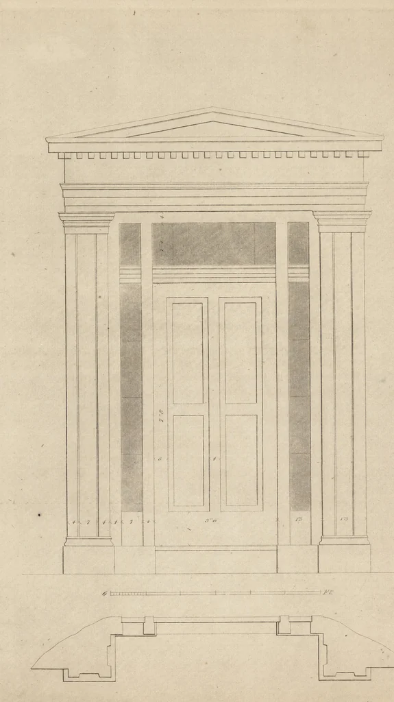 An illustration from The carpenter's assistant : containing a succinct account of Egyptian, Grecian and Roman architecture. Also, a description of the Tuscan, Doric, Ionic, Corinthian and composite orders; together with specifications, practical rules and tables for carpenters, and a glossary of architectural terms. Embellished with upwards of 200 plates of plans, elevations, details, and practical stair-building, 1854, leaf 99