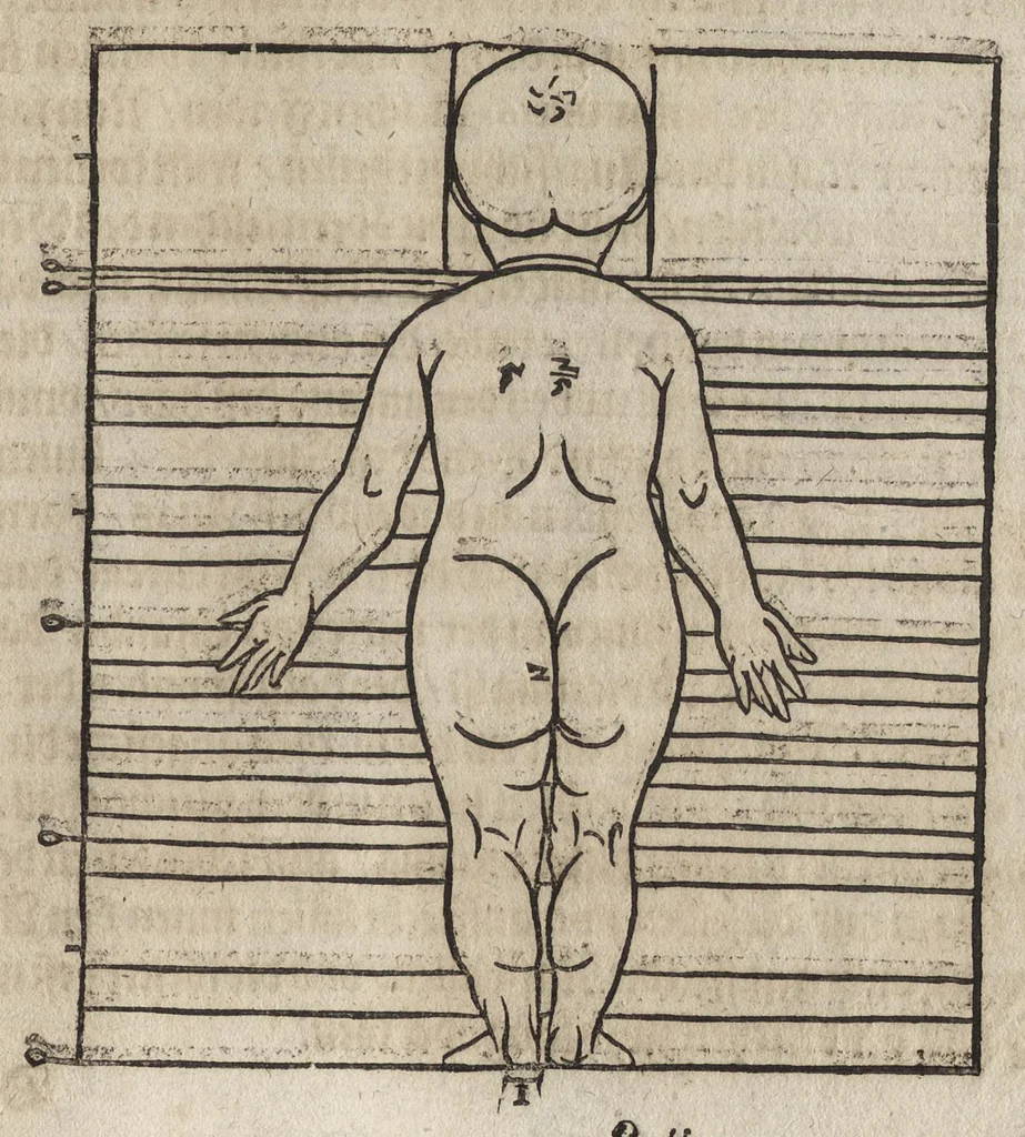 An illustration from Dess Circkelss vnd Richtscheyts, auch der Perspectiua, vnd Proportion der Menschen vnd Rosse, kurtze, doch gründtliche Vnderweisung, dess rechten gebrauchs : mit viel schönen Figuren, aller anfahenden Jugendt, vnnd andern liebhabern dieser Kunst, als Goldschmiden, Malern, Bildhauwern, Steinmetzen, Schreinern, [et]c. eigentlich fürgebildet, vormals im Truck nie gesehen, sonder jetzunder erstmals von neuwem an Tag gegeben, 1618, leaf 108