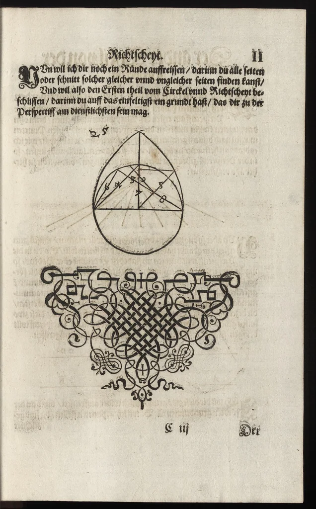 An illustration from Dess Circkelss vnd Richtscheyts, auch der Perspectiua, vnd Proportion der Menschen vnd Rosse, kurtze, doch gründtliche Vnderweisung, dess rechten gebrauchs : mit viel schönen Figuren, aller anfahenden Jugendt, vnnd andern liebhabern dieser Kunst, als Goldschmiden, Malern, Bildhauwern, Steinmetzen, Schreinern, [et]c. eigentlich fürgebildet, vormals im Truck nie gesehen, sonder jetzunder erstmals von neuwem an Tag gegeben, 1618, leaf 34