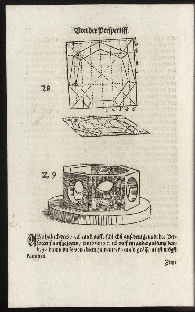 An illustration from Dess Circkelss vnd Richtscheyts, auch der Perspectiua, vnd Proportion der Menschen vnd Rosse, kurtze, doch gründtliche Vnderweisung, dess rechten gebrauchs : mit viel schönen Figuren, aller anfahenden Jugendt, vnnd andern liebhabern dieser Kunst, als Goldschmiden, Malern, Bildhauwern, Steinmetzen, Schreinern, [et]c. eigentlich fürgebildet, vormals im Truck nie gesehen, sonder jetzunder erstmals von neuwem an Tag gegeben, 1618, leaf 55