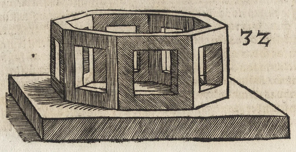 An illustration from Dess Circkelss vnd Richtscheyts, auch der Perspectiua, vnd Proportion der Menschen vnd Rosse, kurtze, doch gründtliche Vnderweisung, dess rechten gebrauchs : mit viel schönen Figuren, aller anfahenden Jugendt, vnnd andern liebhabern dieser Kunst, als Goldschmiden, Malern, Bildhauwern, Steinmetzen, Schreinern, [et]c. eigentlich fürgebildet, vormals im Truck nie gesehen, sonder jetzunder erstmals von neuwem an Tag gegeben, 1618, leaf 57