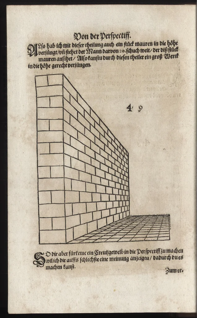 An illustration from Dess Circkelss vnd Richtscheyts, auch der Perspectiua, vnd Proportion der Menschen vnd Rosse, kurtze, doch gründtliche Vnderweisung, dess rechten gebrauchs : mit viel schönen Figuren, aller anfahenden Jugendt, vnnd andern liebhabern dieser Kunst, als Goldschmiden, Malern, Bildhauwern, Steinmetzen, Schreinern, [et]c. eigentlich fürgebildet, vormals im Truck nie gesehen, sonder jetzunder erstmals von neuwem an Tag gegeben, 1618, leaf 77