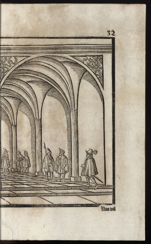An illustration from Dess Circkelss vnd Richtscheyts, auch der Perspectiua, vnd Proportion der Menschen vnd Rosse, kurtze, doch gründtliche Vnderweisung, dess rechten gebrauchs : mit viel schönen Figuren, aller anfahenden Jugendt, vnnd andern liebhabern dieser Kunst, als Goldschmiden, Malern, Bildhauwern, Steinmetzen, Schreinern, [et]c. eigentlich fürgebildet, vormals im Truck nie gesehen, sonder jetzunder erstmals von neuwem an Tag gegeben, 1618, leaf 86