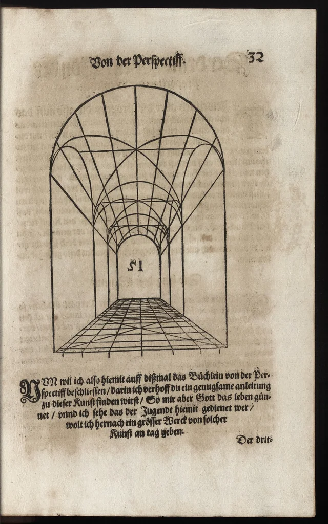An illustration from Dess Circkelss vnd Richtscheyts, auch der Perspectiua, vnd Proportion der Menschen vnd Rosse, kurtze, doch gründtliche Vnderweisung, dess rechten gebrauchs : mit viel schönen Figuren, aller anfahenden Jugendt, vnnd andern liebhabern dieser Kunst, als Goldschmiden, Malern, Bildhauwern, Steinmetzen, Schreinern, [et]c. eigentlich fürgebildet, vormals im Truck nie gesehen, sonder jetzunder erstmals von neuwem an Tag gegeben, 1618, leaf 88