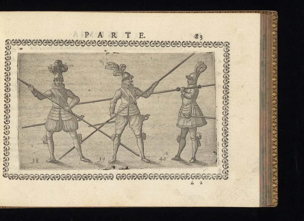 An illustration from Oplomachia di Bonauentura Pistofilo nobile Ferrarese, dottore, e caualiere : nella quale con dottrina morale, politica, e militare, e col mezzo delle figure si tratta per via di teorica, e di pratica del maneggio, e dell'vso delle armi : distinta in tre discorsi di picca, d'alabarda, e di moschetto, 1621, leaf 100