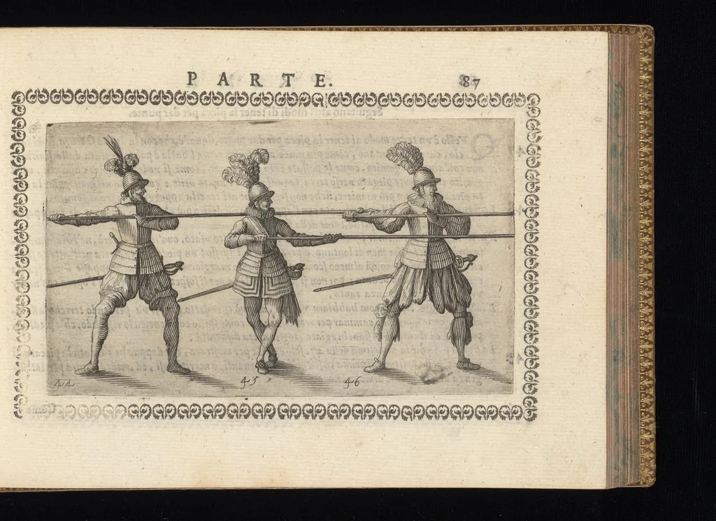 An illustration from Oplomachia di Bonauentura Pistofilo nobile Ferrarese, dottore, e caualiere : nella quale con dottrina morale, politica, e militare, e col mezzo delle figure si tratta per via di teorica, e di pratica del maneggio, e dell'vso delle armi : distinta in tre discorsi di picca, d'alabarda, e di moschetto, 1621, leaf 104