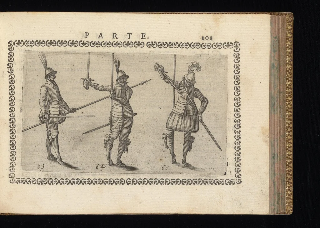 An illustration from Oplomachia di Bonauentura Pistofilo nobile Ferrarese, dottore, e caualiere : nella quale con dottrina morale, politica, e militare, e col mezzo delle figure si tratta per via di teorica, e di pratica del maneggio, e dell'vso delle armi : distinta in tre discorsi di picca, d'alabarda, e di moschetto, 1621, leaf 118