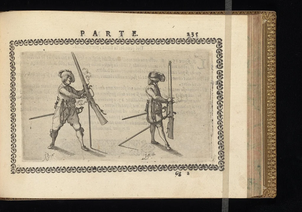An illustration from Oplomachia di Bonauentura Pistofilo nobile Ferrarese, dottore, e caualiere : nella quale con dottrina morale, politica, e militare, e col mezzo delle figure si tratta per via di teorica, e di pratica del maneggio, e dell'vso delle armi : distinta in tre discorsi di picca, d'alabarda, e di moschetto, 1621, leaf 254