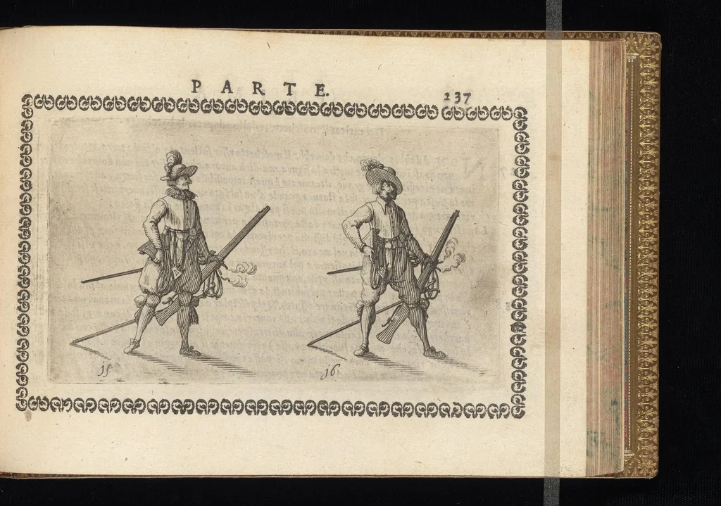 An illustration from Oplomachia di Bonauentura Pistofilo nobile Ferrarese, dottore, e caualiere : nella quale con dottrina morale, politica, e militare, e col mezzo delle figure si tratta per via di teorica, e di pratica del maneggio, e dell'vso delle armi : distinta in tre discorsi di picca, d'alabarda, e di moschetto, 1621, leaf 256