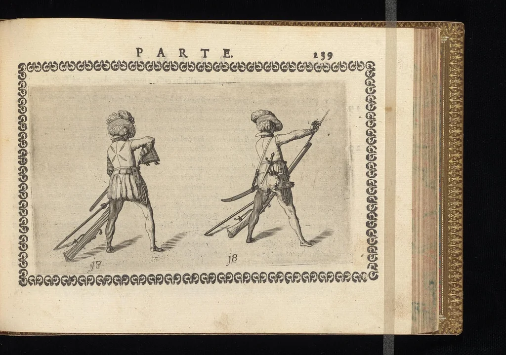 An illustration from Oplomachia di Bonauentura Pistofilo nobile Ferrarese, dottore, e caualiere : nella quale con dottrina morale, politica, e militare, e col mezzo delle figure si tratta per via di teorica, e di pratica del maneggio, e dell'vso delle armi : distinta in tre discorsi di picca, d'alabarda, e di moschetto, 1621, leaf 258
