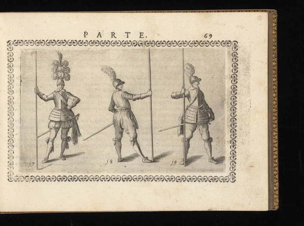 An illustration from Oplomachia di Bonauentura Pistofilo nobile Ferrarese, dottore, e caualiere : nella quale con dottrina morale, politica, e militare, e col mezzo delle figure si tratta per via di teorica, e di pratica del maneggio, e dell'vso delle armi : distinta in tre discorsi di picca, d'alabarda, e di moschetto, 1621, leaf 86