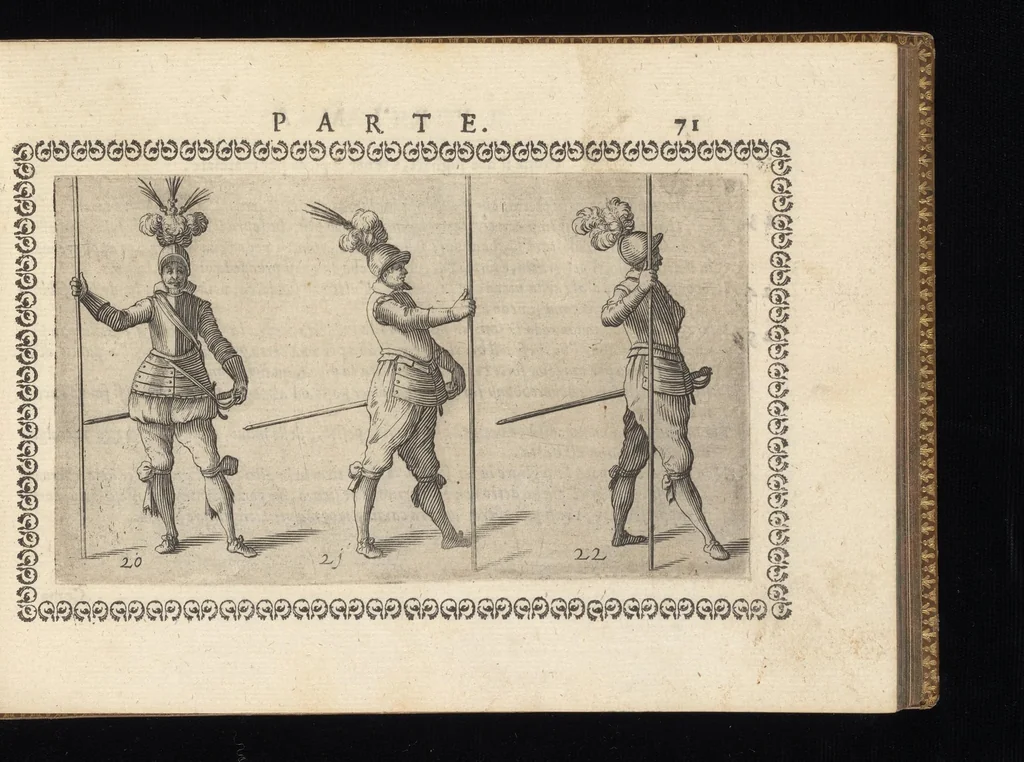 An illustration from Oplomachia di Bonauentura Pistofilo nobile Ferrarese, dottore, e caualiere : nella quale con dottrina morale, politica, e militare, e col mezzo delle figure si tratta per via di teorica, e di pratica del maneggio, e dell'vso delle armi : distinta in tre discorsi di picca, d'alabarda, e di moschetto, 1621, leaf 88