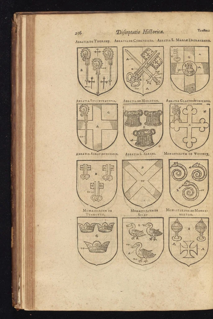 An illustration from Apostolatus Benedictinorum in Anglia, siue, Disceptatio historica, de antiquitate ordinis congregationisque monachorum nigrorum S. Benedicti in regno Angliae : in qua demonstratur S. Gregorium, eius nationis apostolum, fuisse benedictinum : ostenditur etiam obiter quanto numero, quibusque temporibus, alij ordines religiosorum, in eodem regno coeperint agnosci : cum appendice copiosa instrumentorum venerandae vetustatis ..., 1626, leaf 245