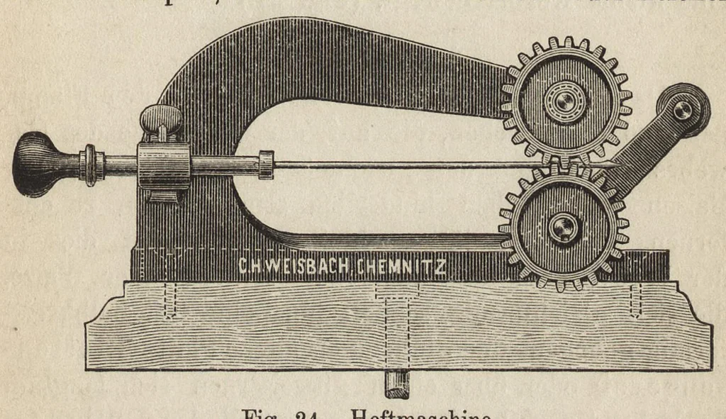 An illustration from Das Färben und Bleichen : von Baumwolle, Wolle, Seide, Jute, Leinen, etc : in unversponnenen Zustande, al Garn und al Stückware : Praktisches Hilfs- und Lehrbuch bearbeitet für Färber und Färberei-Chemiker, sowie zum Unterricht in Fachschulen, mit zahlreichen Maschinenzeichnungen, 1889, leaf 102