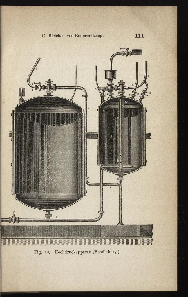 An illustration from Das Färben und Bleichen : von Baumwolle, Wolle, Seide, Jute, Leinen, etc : in unversponnenen Zustande, al Garn und al Stückware : Praktisches Hilfs- und Lehrbuch bearbeitet für Färber und Färberei-Chemiker, sowie zum Unterricht in Fachschulen, mit zahlreichen Maschinenzeichnungen, 1889, leaf 124